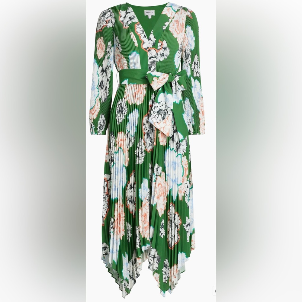Milly Liora floral pleated midi dress, green, size 10